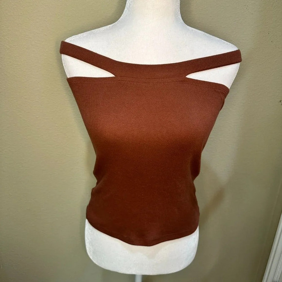 BP Nordstrom Off Shoulder Brown Rust Ribbed Tank Top Shirt - size small - Picture 3 of 6